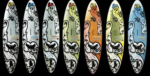 Paleta desek wave RRD 2008. Od lewej: 3 modele Hardcore Wave i 4 Wave Cult