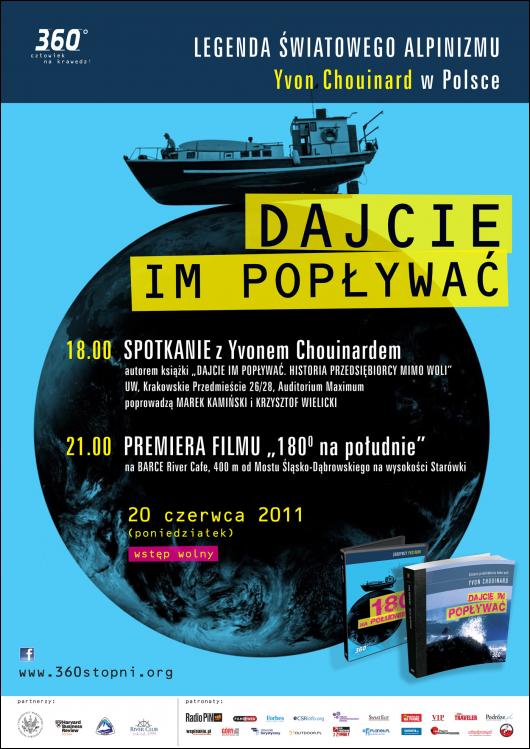 Plakat promujący spotkanie z Yvon Chouinard 20 czerwca w Warszawie