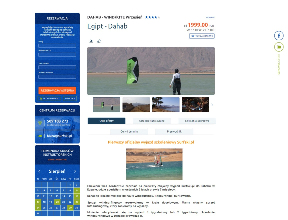 Przykładowa podstrona dotycząca szczegółów oferty wyjazdu windsurfingowo - kitesurfingowego do Dahabu w Egipcie